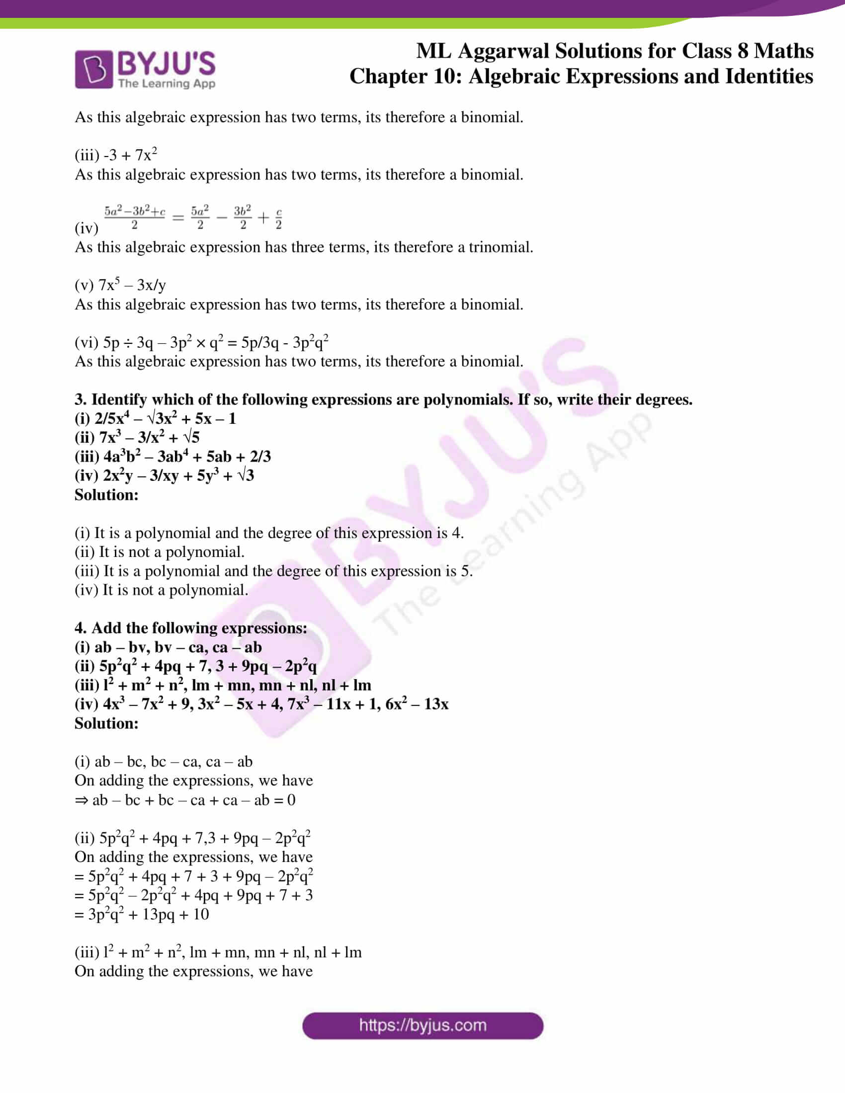 Ml Aggarwal Solutions For Class 8 Chapter 10 Algebraic Expressions And Identities Download Free Pdf