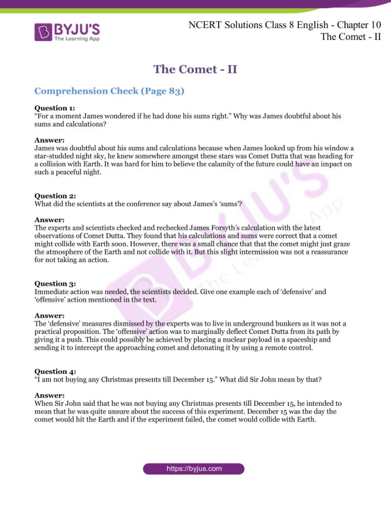 NCERT Solutions for Class 8 English Unit 10 - The Comet - II | Download ...