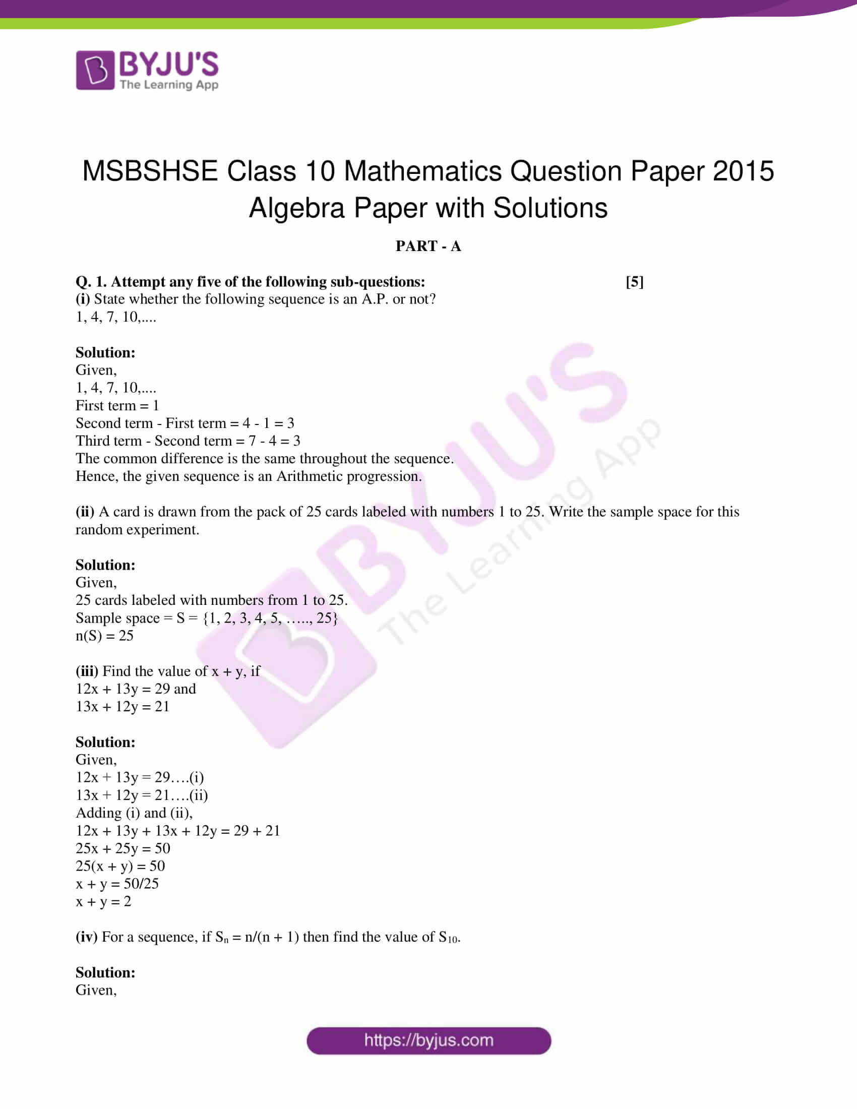 msbshse class 10 algebra mathematics Q and A 2015 01