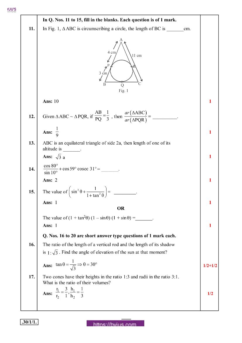 Sample Papers Class 10 2020 Maths Standard 