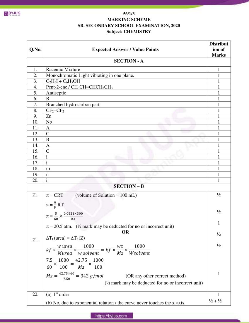 cbse class 12 chemistry 2020 question paper answer set 56 1 1 12