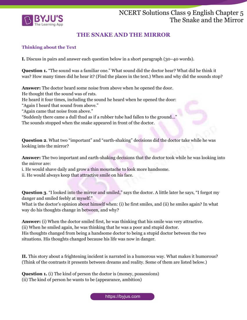The Snake And The Mirror Questions And Answers Class 10 NCERT Solutions for Class 9 English Chapter 5 The Snake and the Mirror