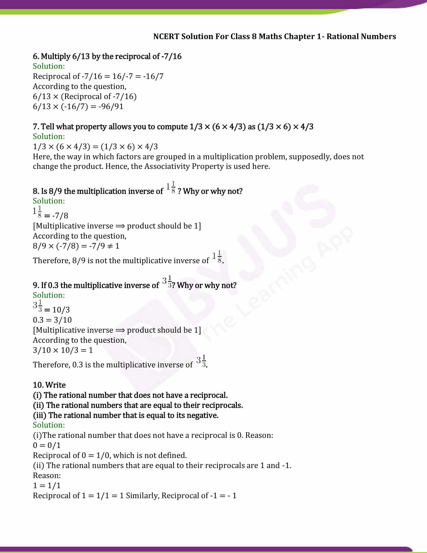 NCERT Solutions for Class 8 Maths Exercise 1.1 Chapter 1 Rational Numbers