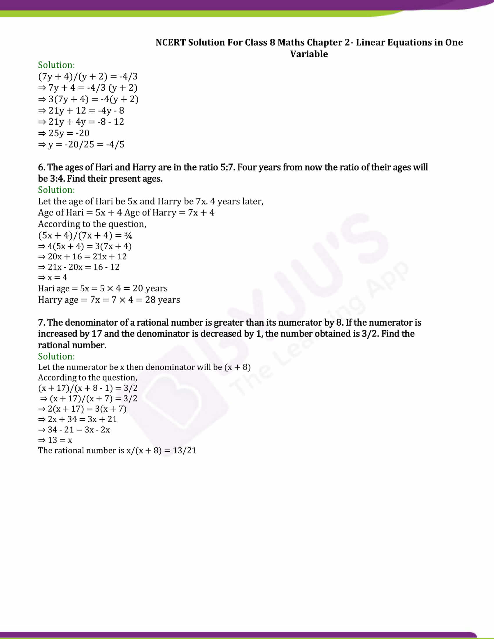 NCERT Solutions for Class 8 Maths Chapter 2 Linear Equations in One ...