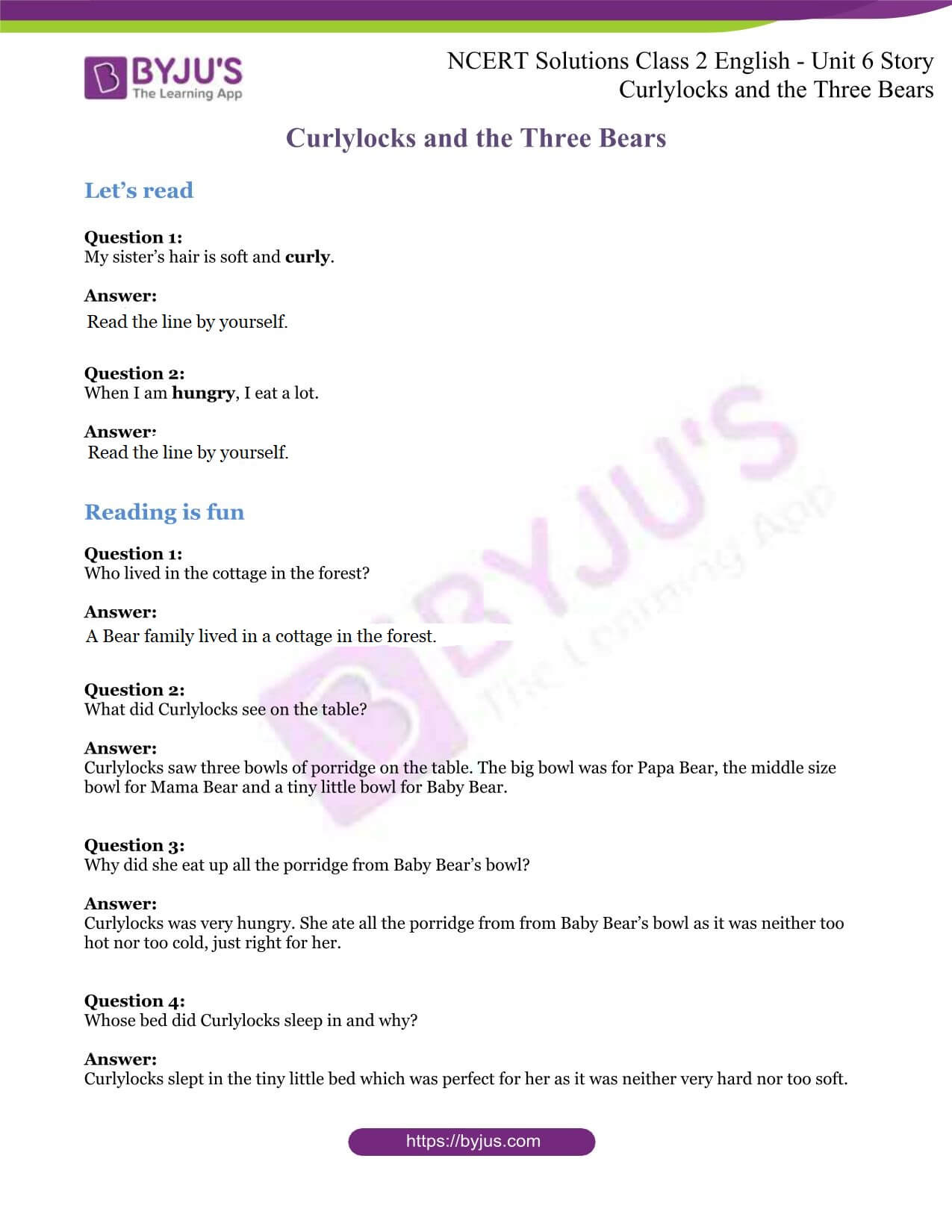 ncert solution class 2 eng unit 6 Curlylocks and The Three Bears ncert solution class 2 eng unit 6 Curlylocks and The Three Bears
