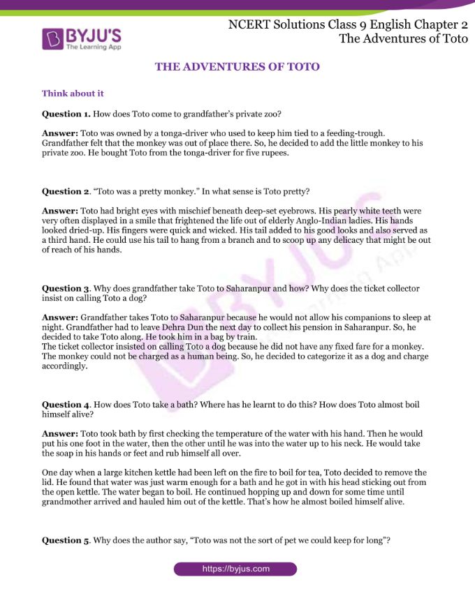 NCERT Solutions for Class 9 English Chapter 2 The Adventures of Toto