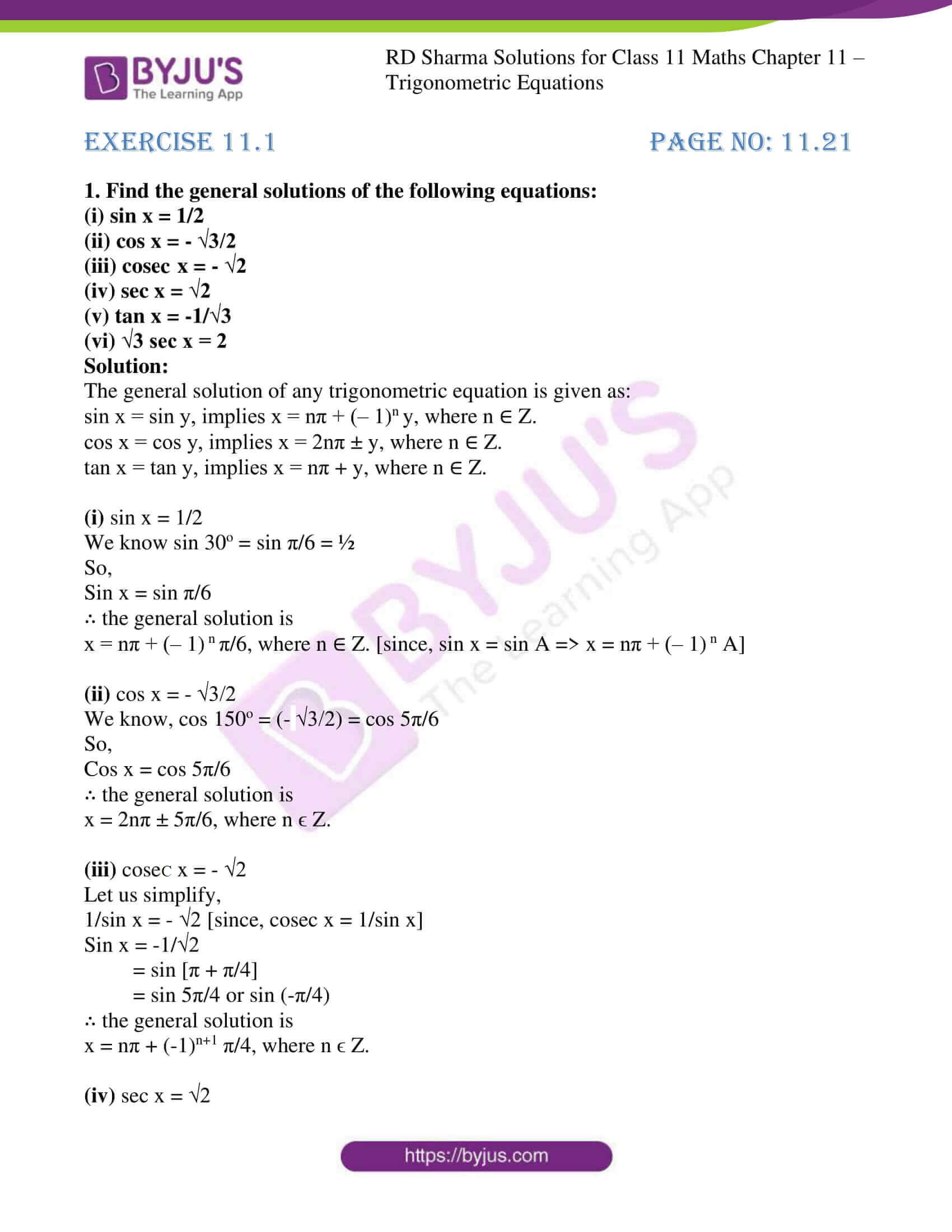 Rd Sharma Solutions For Class 11 Maths Updated 21 22 Chapter 11 Trigonometric Equations Download Free Pdf