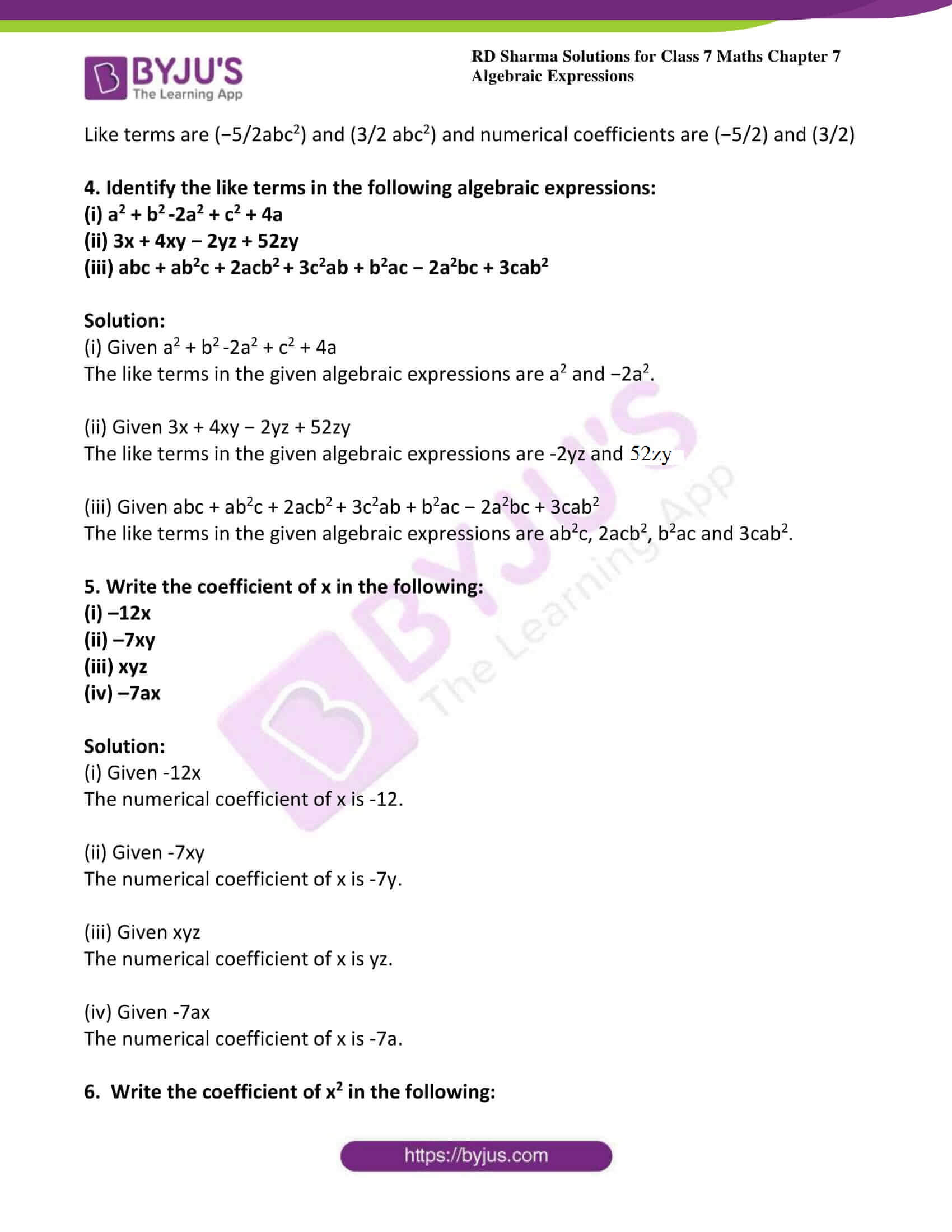 Algebraic Expressions Worksheet Class 7