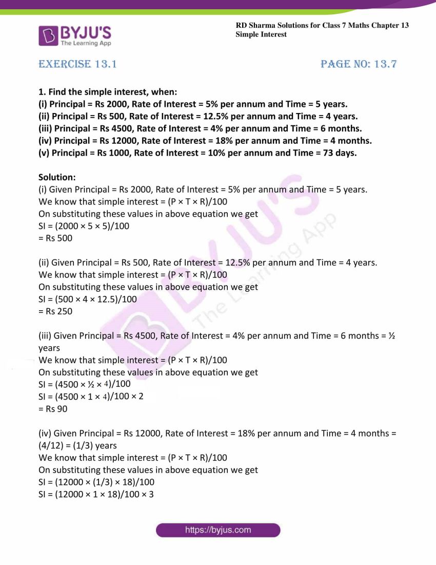 RD Sharma Solutions for Class 7 Maths Chapter 13 - Simple Interest