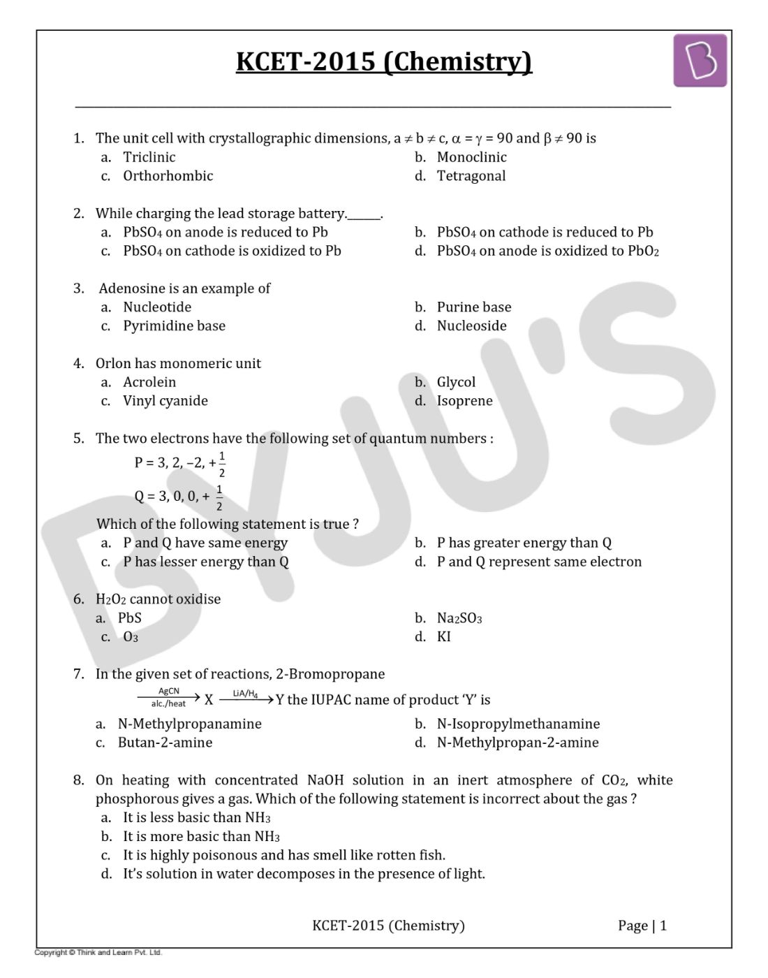 KCET 2015 Chemistry Question Paper with Solutions