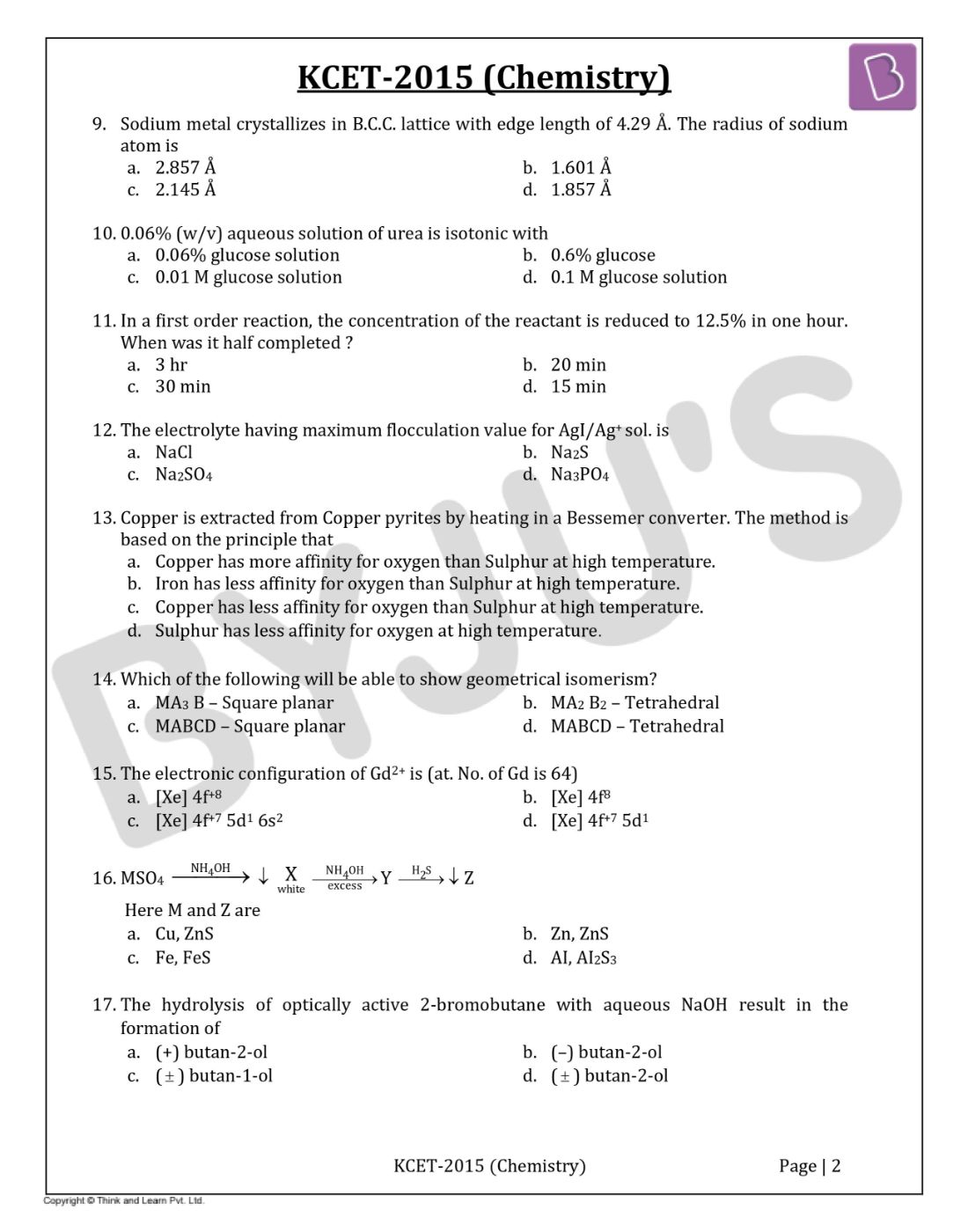 KCET 2015 Chemistry Question Paper with Solutions