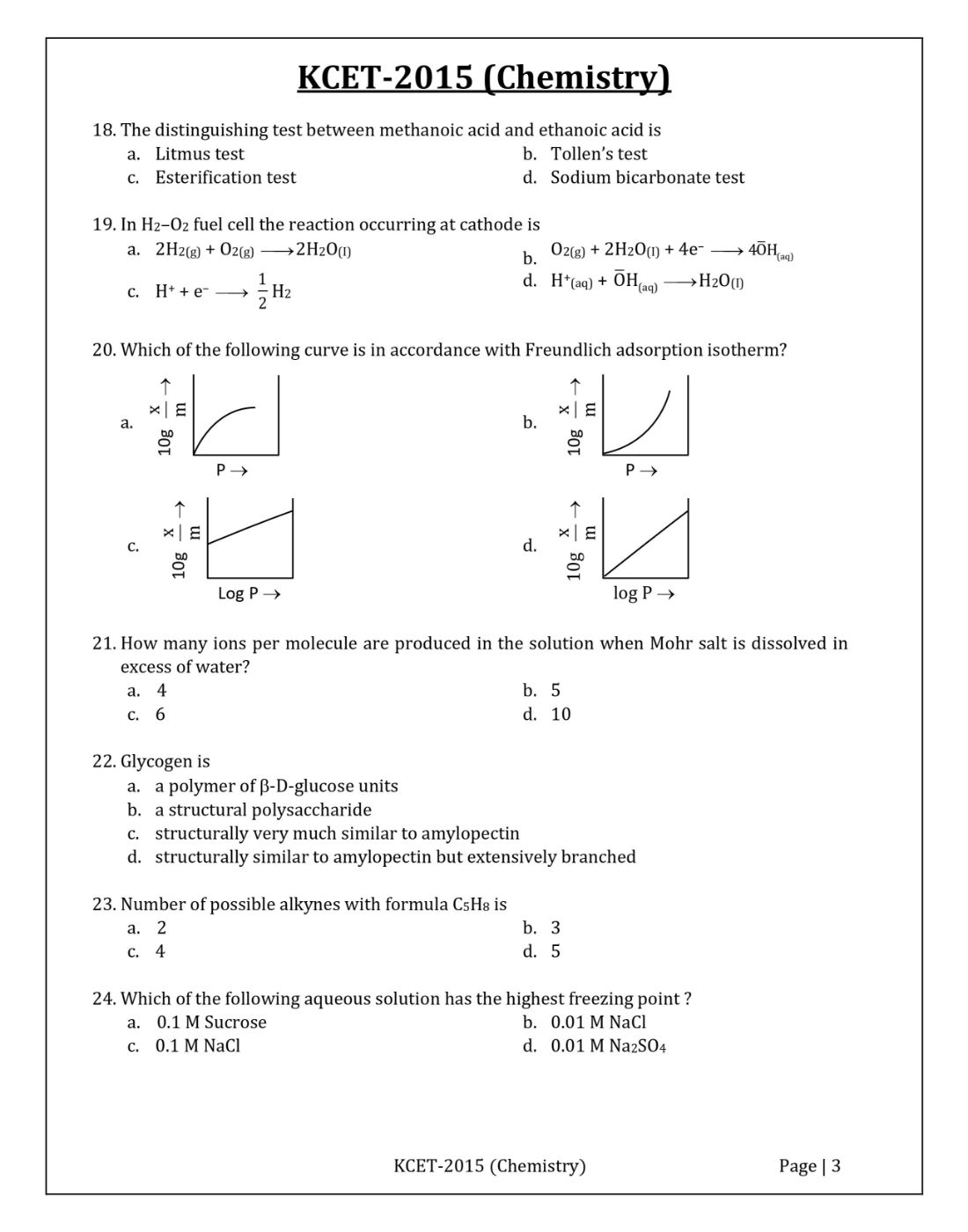 KCET 2015 Chemistry Question Paper with Solutions