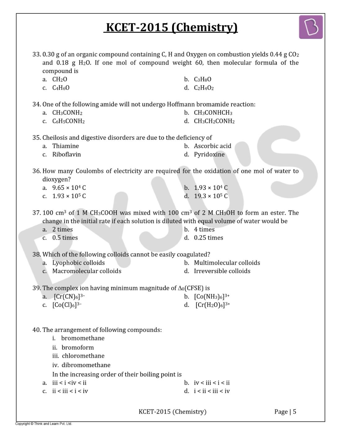 KCET 2015 Chemistry Question Paper with Solutions