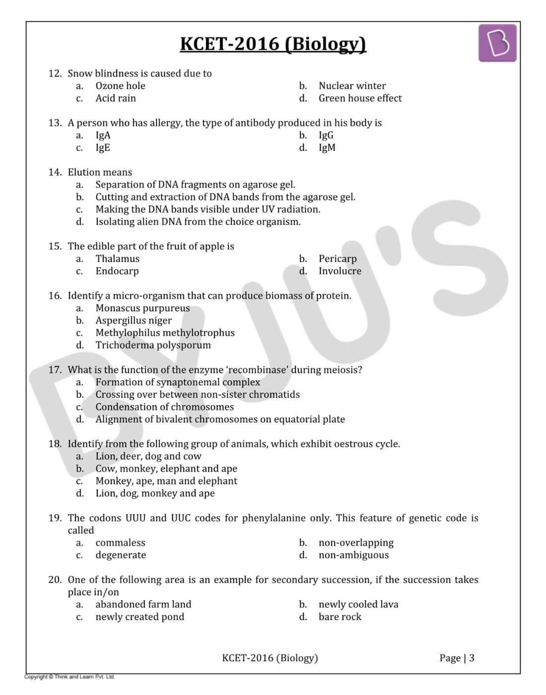 KCET 2016 Biology Paper with Solutions
