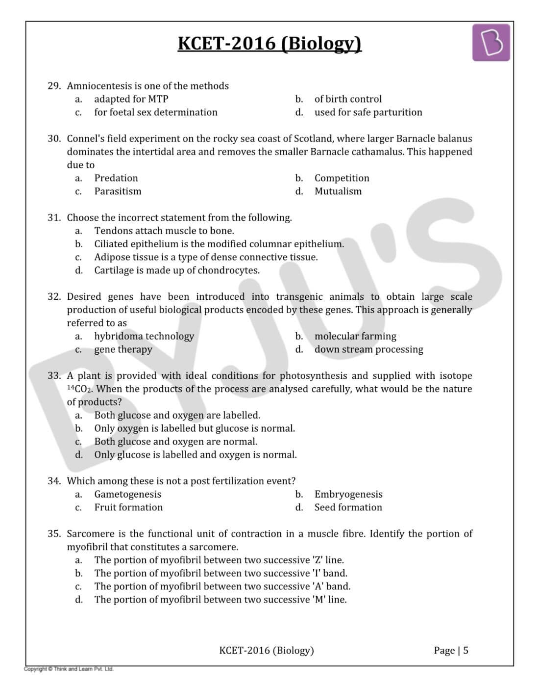 KCET 2016 Biology Paper with Solutions