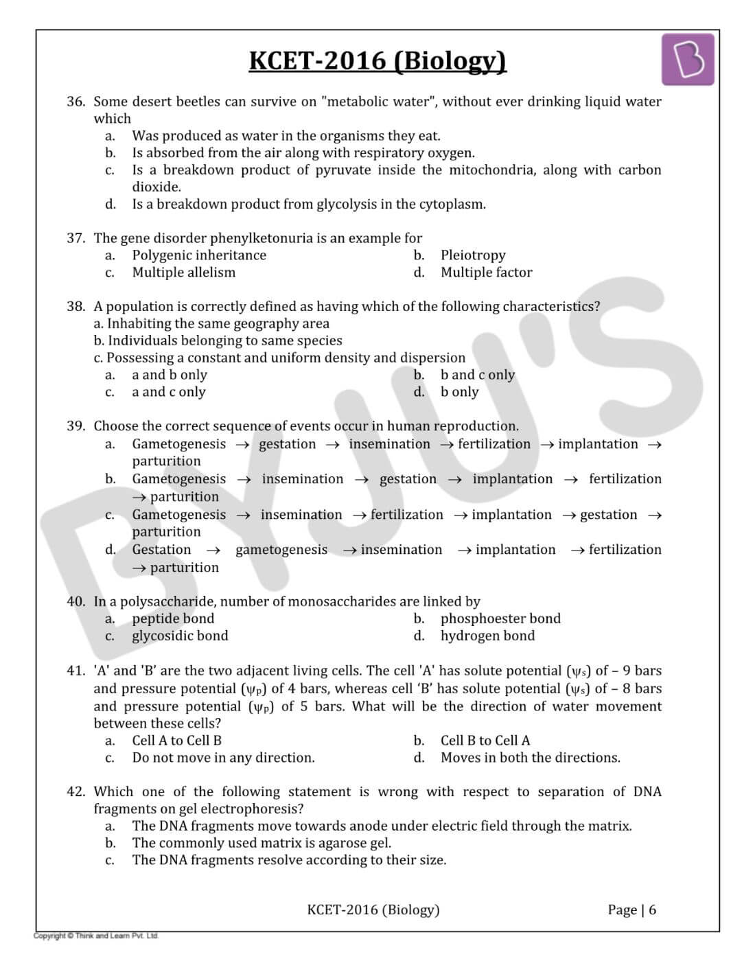 KCET 2016 Biology Paper with Solutions