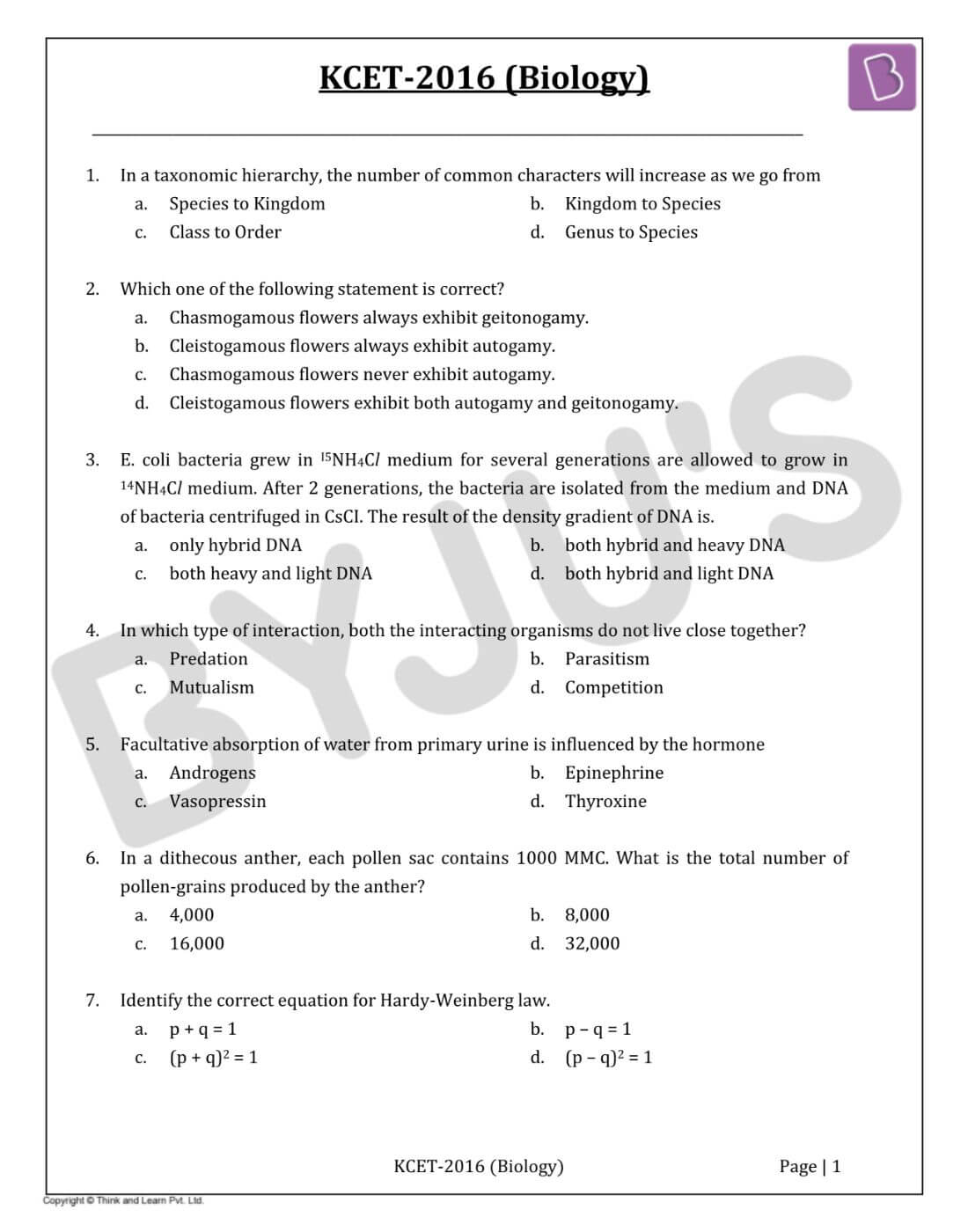 KCET 2016 Biology Paper with Solutions