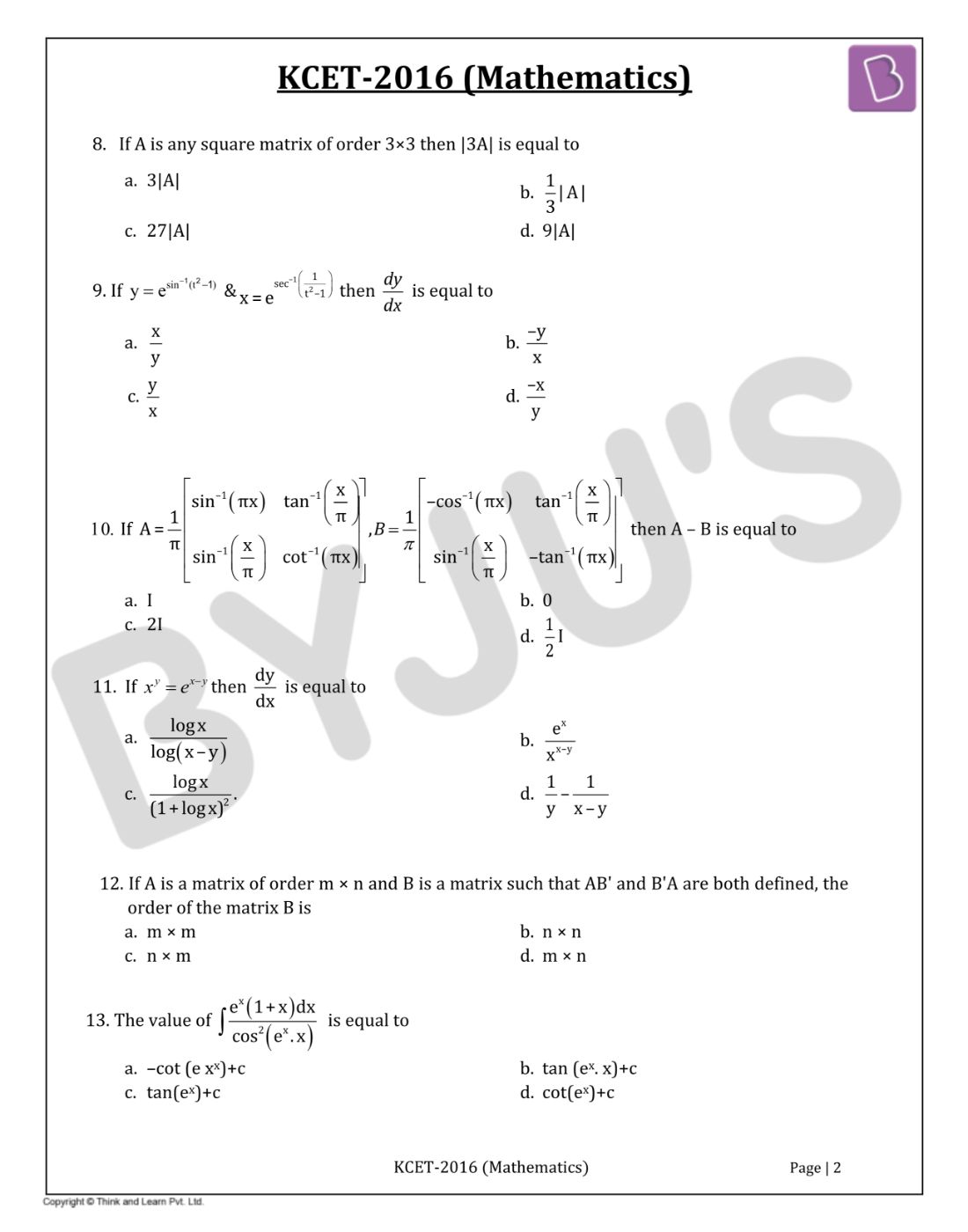 KCET 2016 Mathematics Question Paper with Solutions