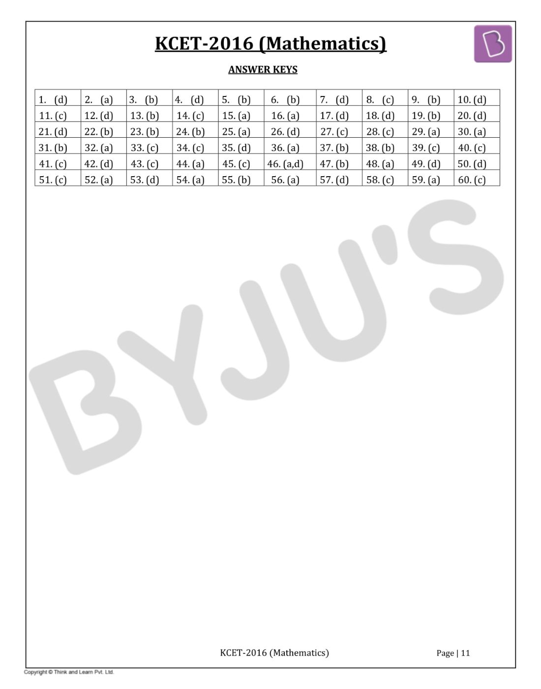 KCET 2016 Mathematics Question Paper with Solutions