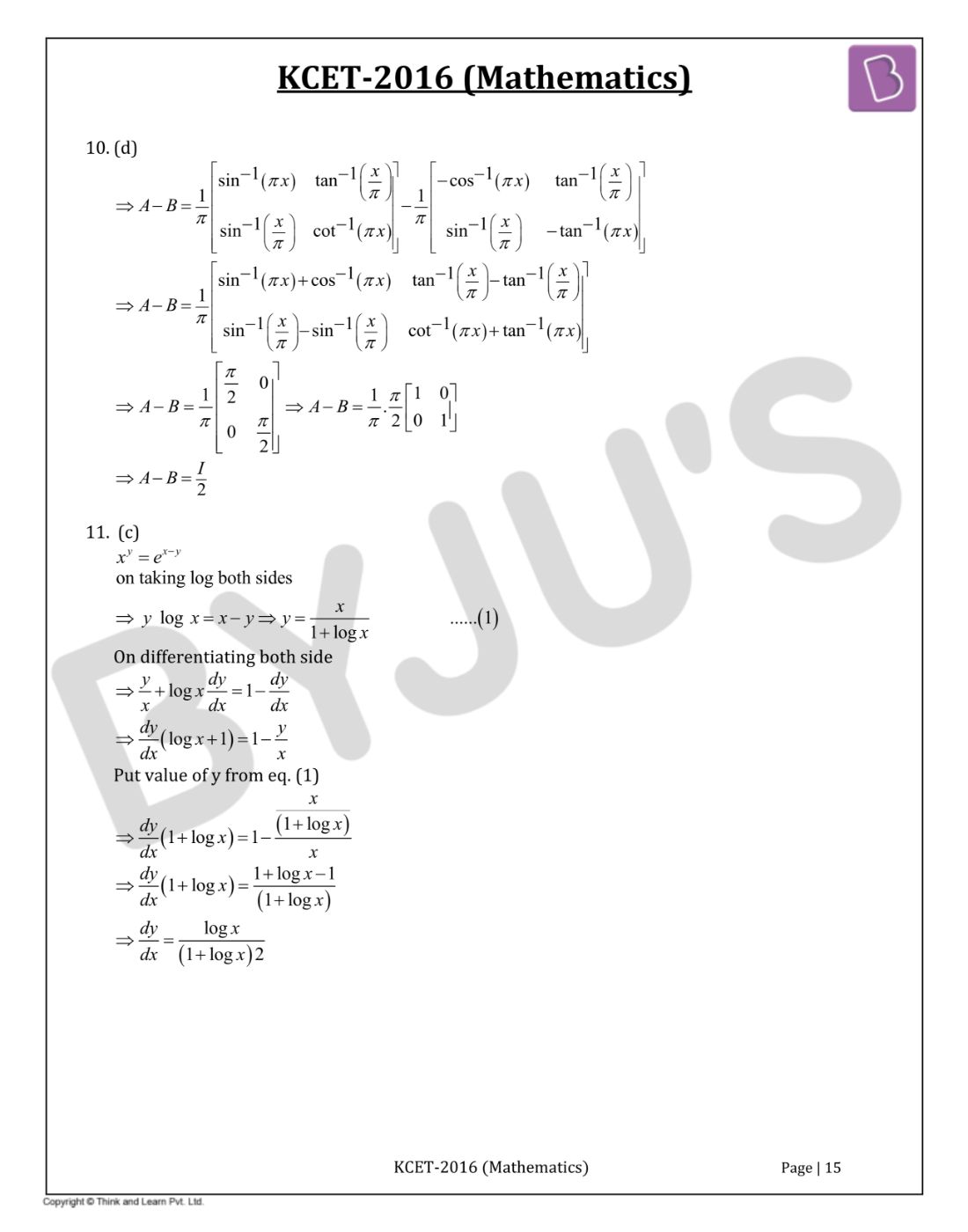 KCET 2016 Mathematics Question Paper with Solutions