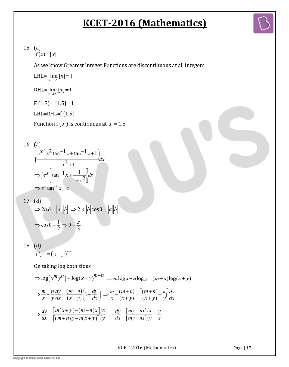 KCET 2016 Mathematics Question Paper with Solutions