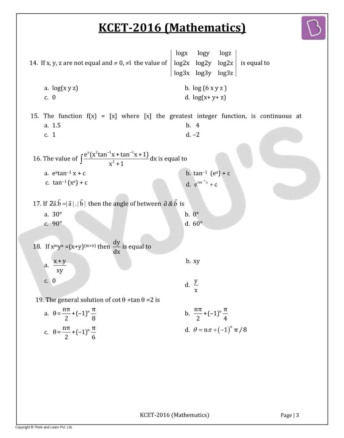 KCET 2016 Mathematics Question Paper with Solutions