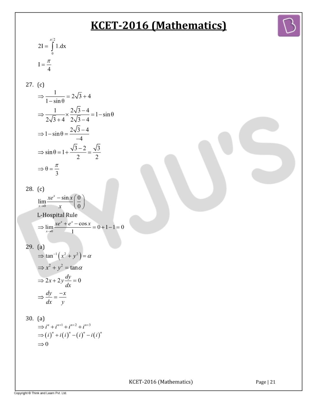 KCET 2016 Mathematics Question Paper with Solutions