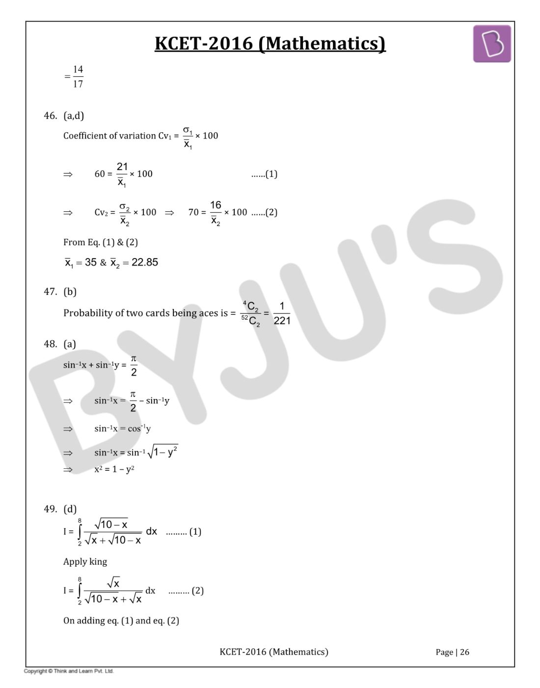 KCET 2016 Mathematics Question Paper with Solutions