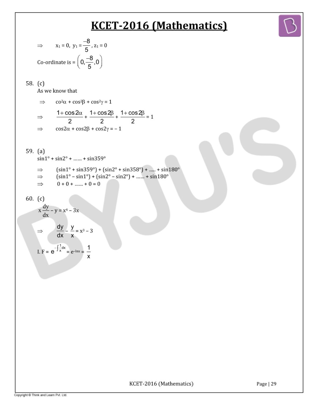 KCET 2016 Mathematics Question Paper with Solutions
