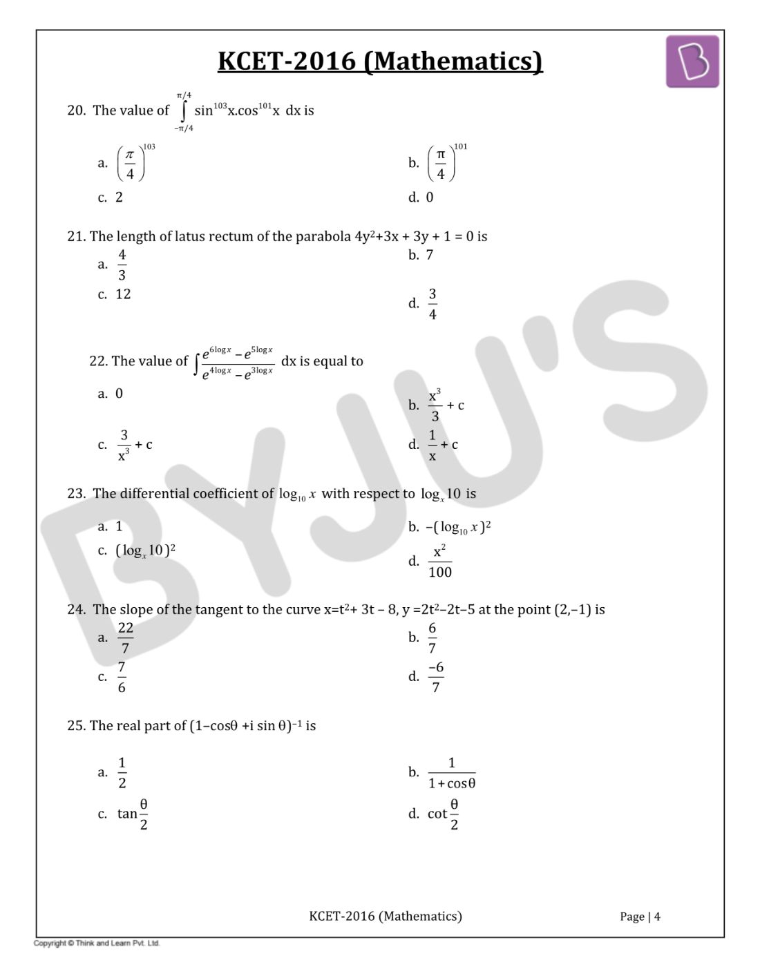 KCET 2016 Mathematics Question Paper with Solutions