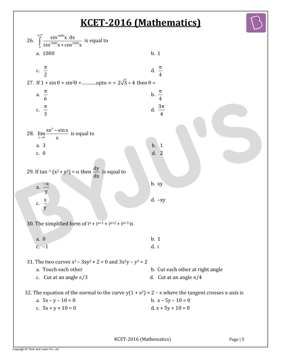 KCET 2016 Mathematics Question Paper with Solutions