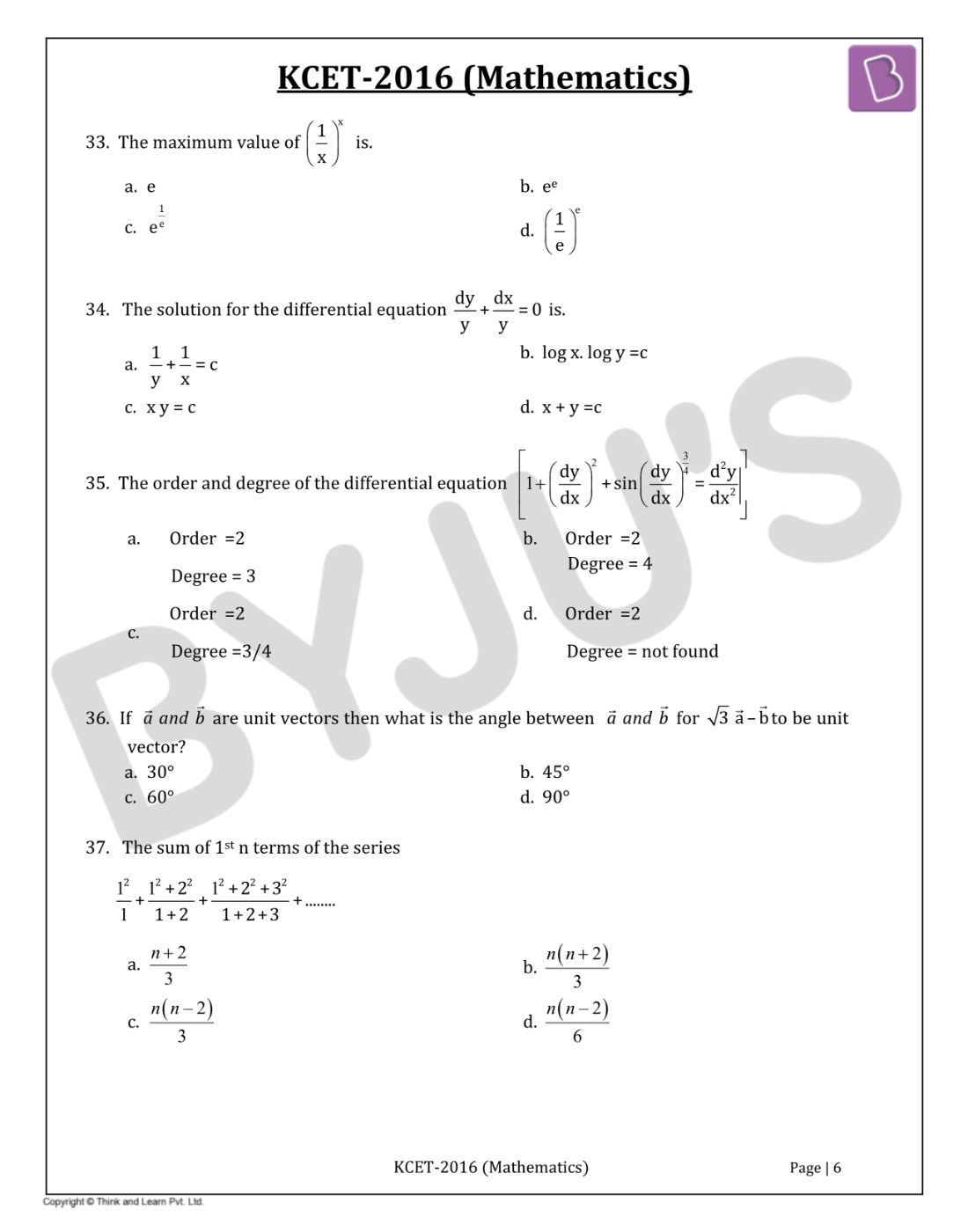 KCET 2016 Mathematics Question Paper with Solutions