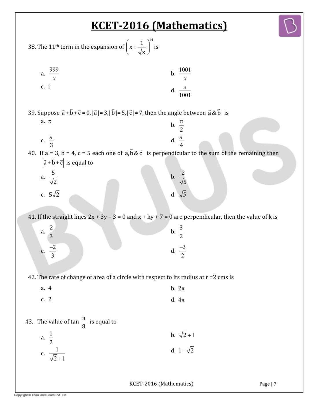 KCET 2016 Mathematics Question Paper with Solutions