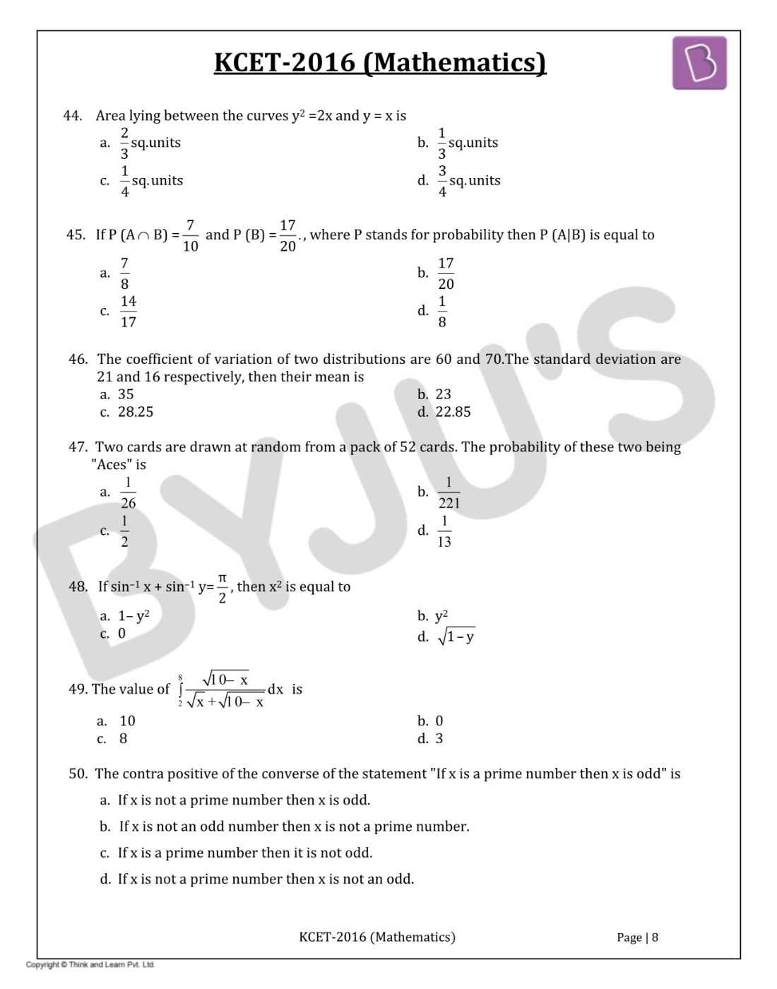 KCET 2016 Mathematics Question Paper with Solutions