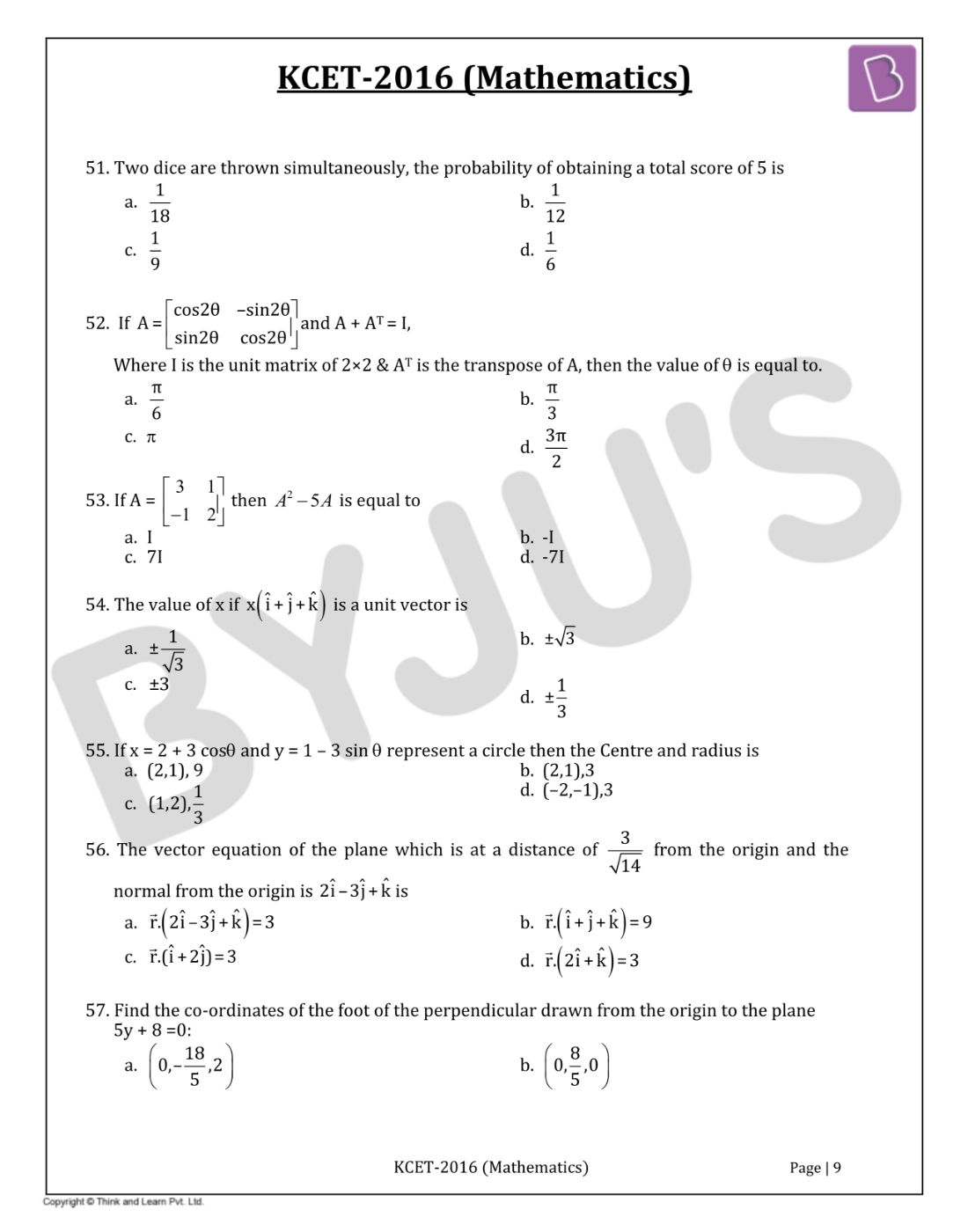 KCET 2016 Mathematics Question Paper with Solutions