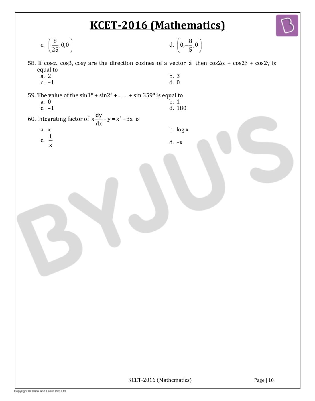 KCET 2016 Mathematics Question Paper with Solutions