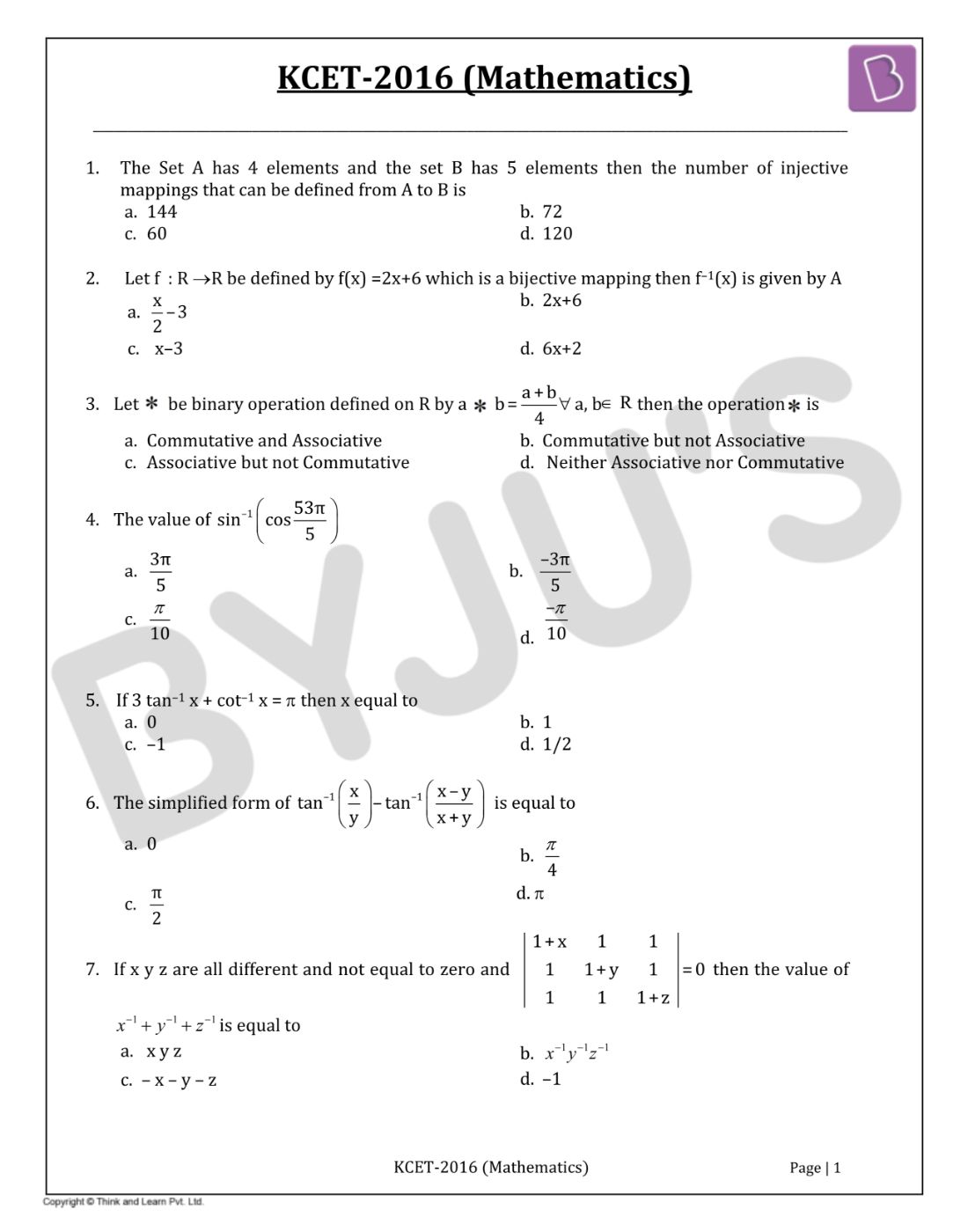 KCET 2016 Mathematics Question Paper with Solutions