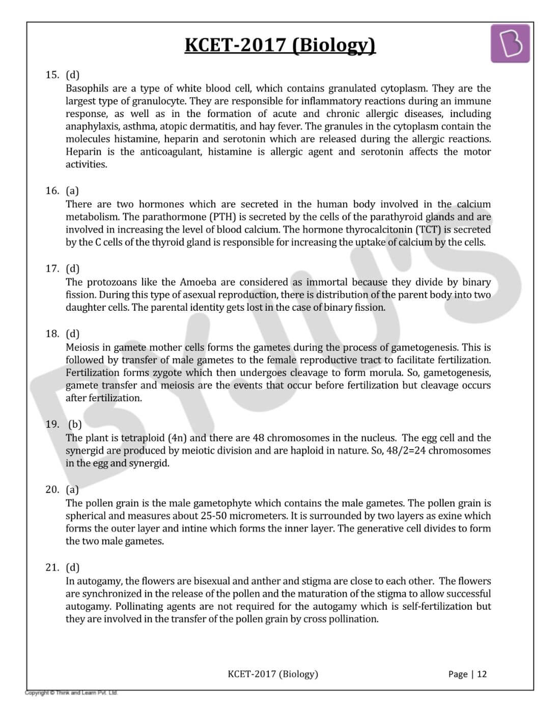 KCET 2017 Biology Question Paper with Solutions