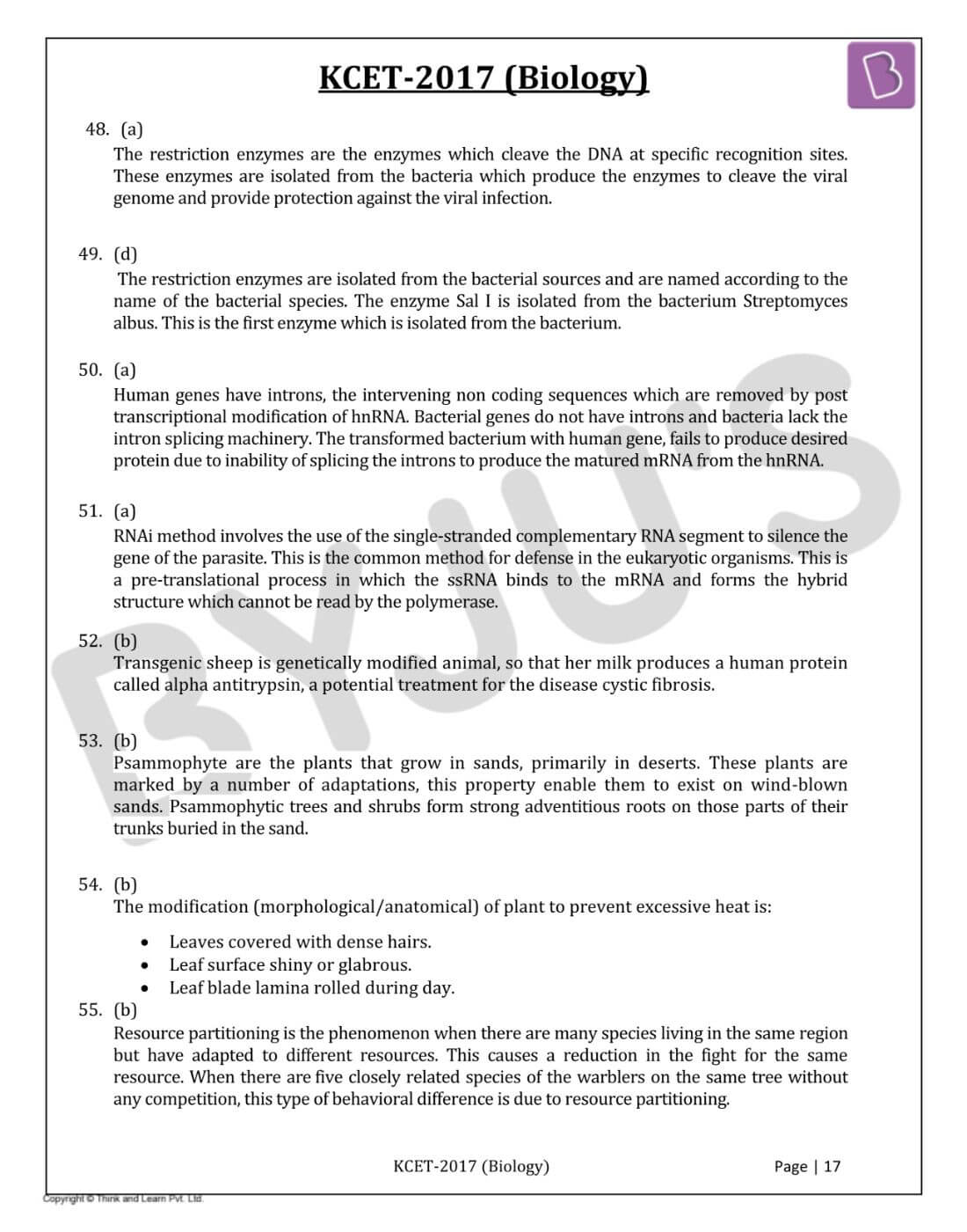 KCET 2017 Biology Question Paper with Solutions