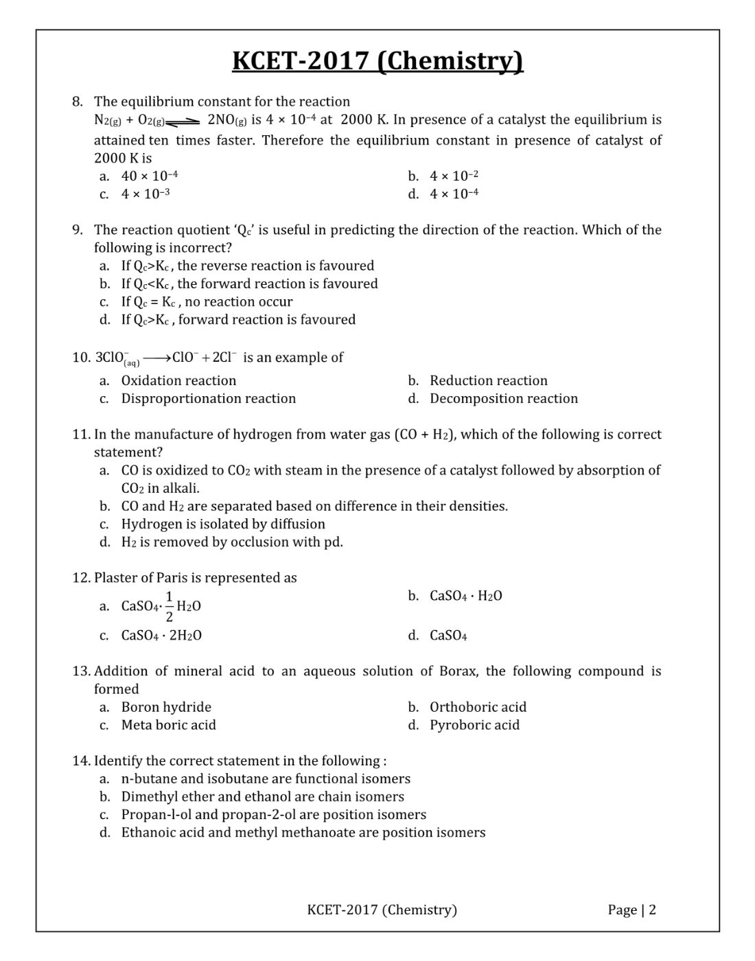 KCET 2017 Chemistry Question Paper with Solutions