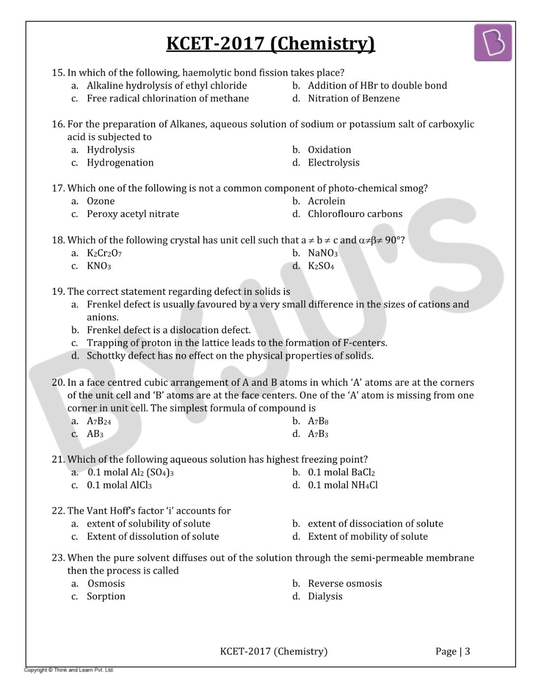 KCET 2017 Chemistry Question Paper with Solutions