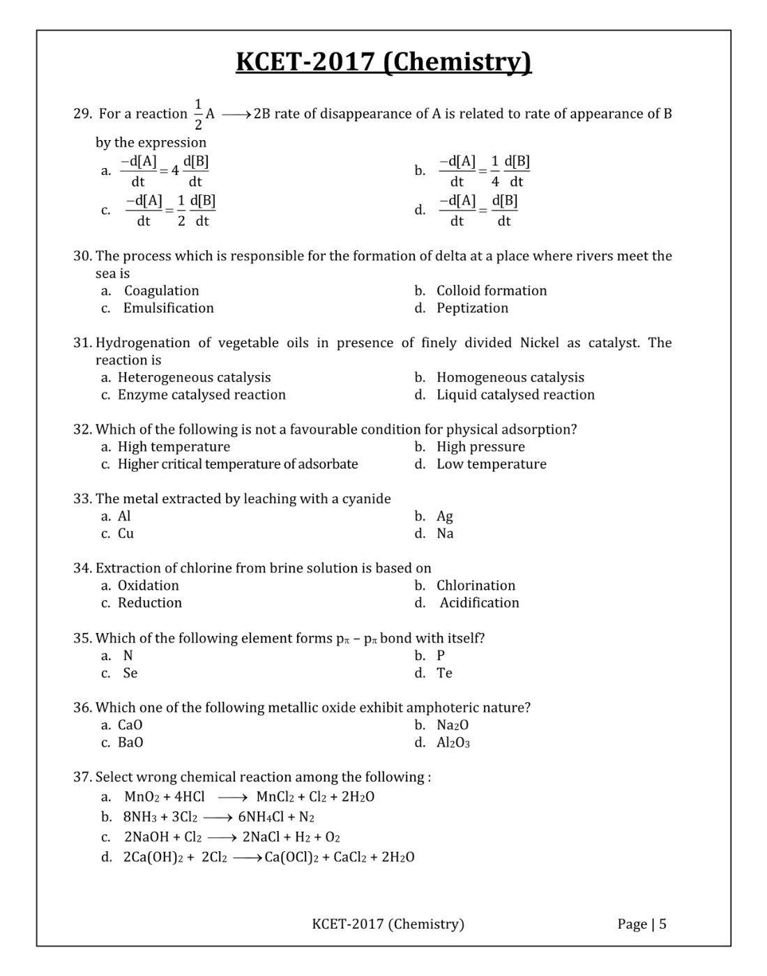 KCET 2017 Chemistry Question Paper with Solutions