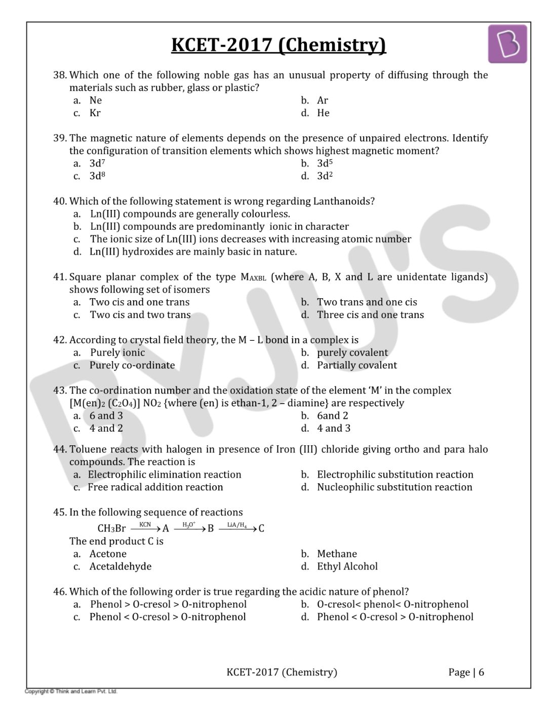 KCET 2017 Chemistry Question Paper with Solutions