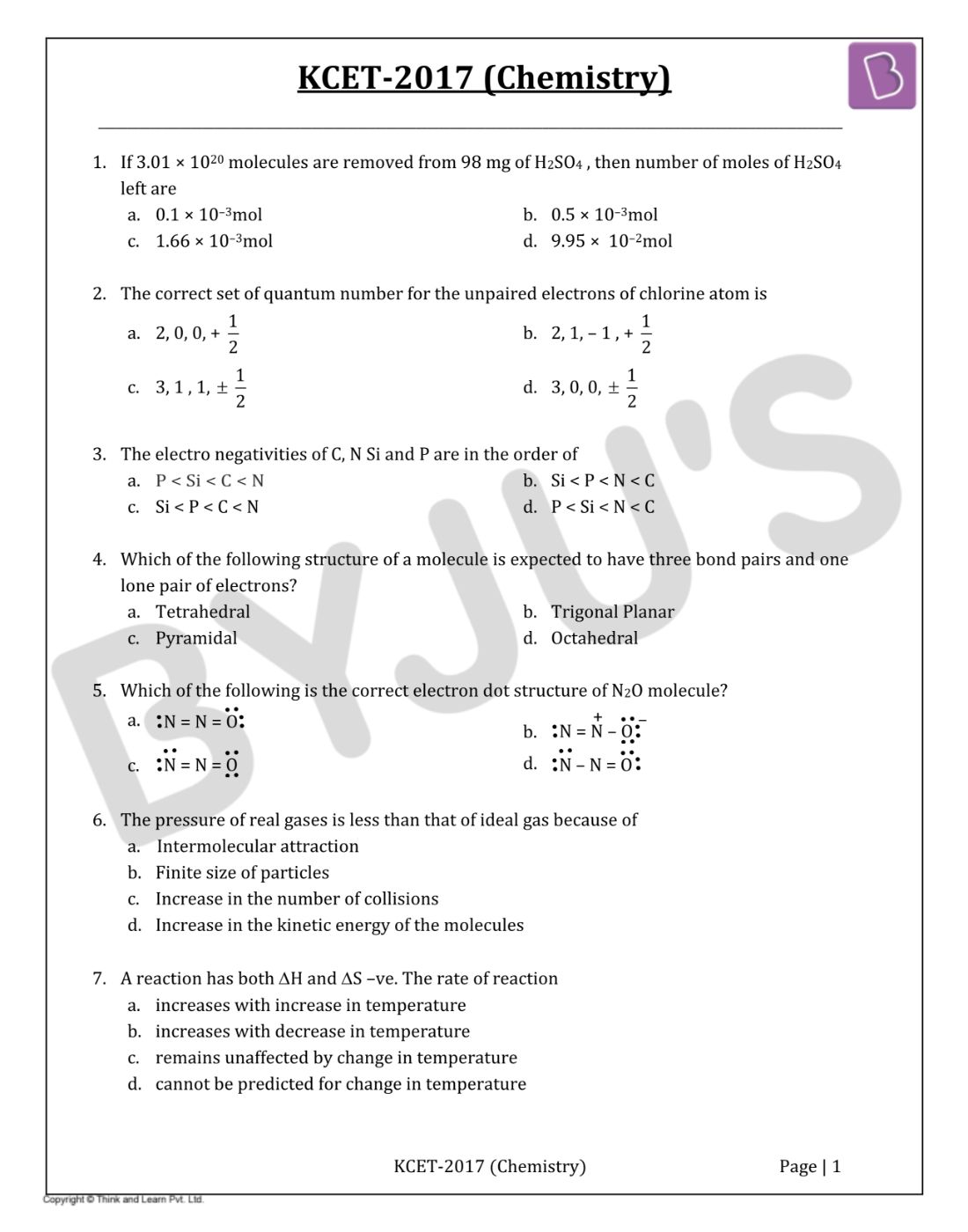 KCET 2017 Chemistry Question Paper with Solutions