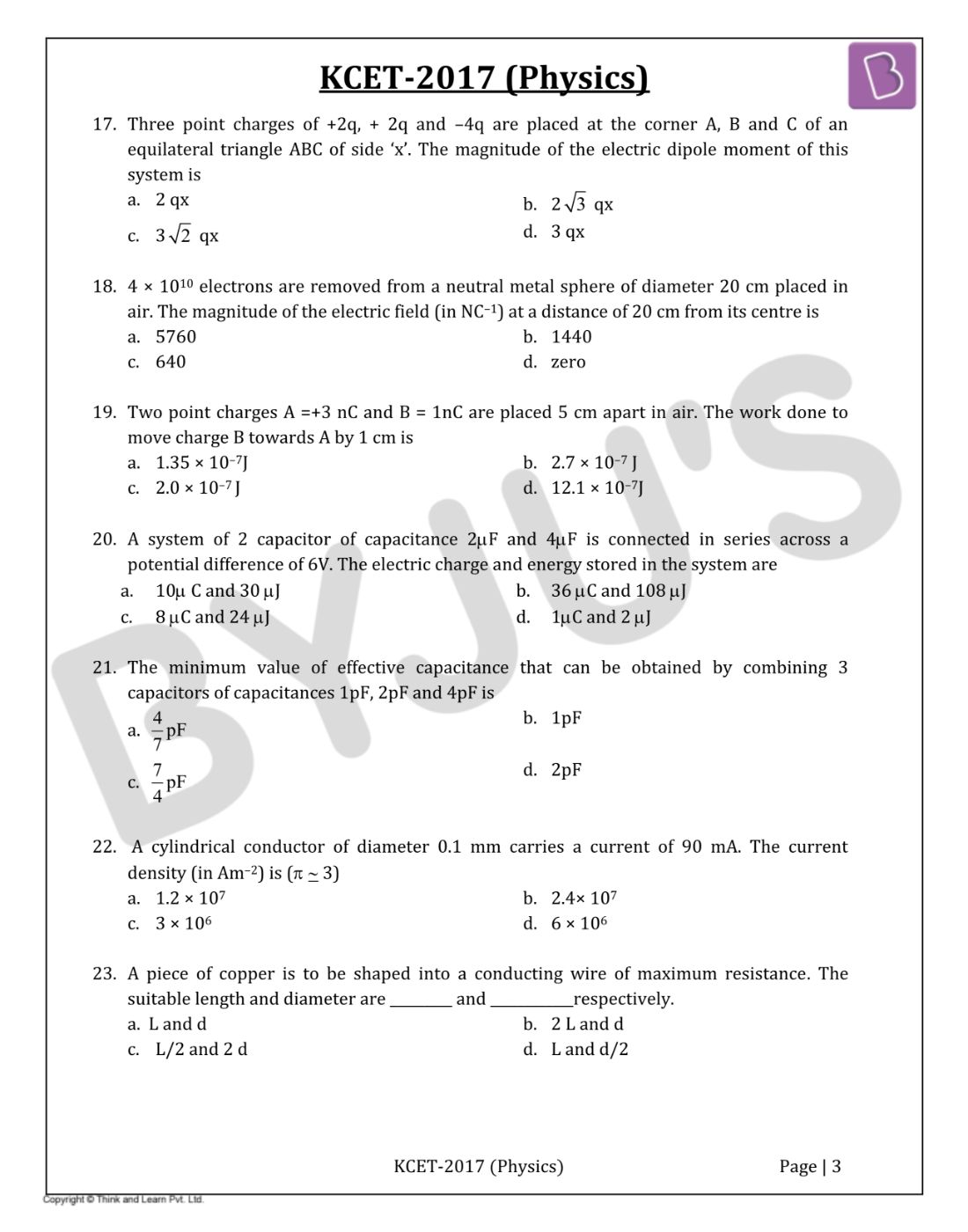 KCET 2017 Physics Question Paper with Solutions