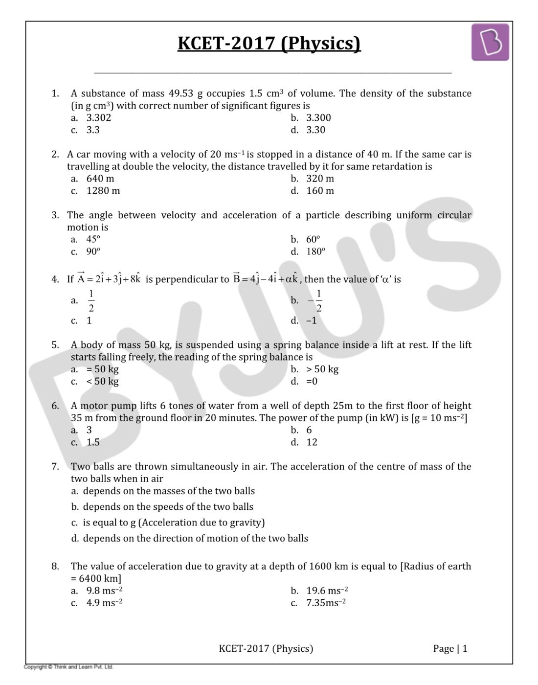 KCET 2017 Physics Question Paper with Solutions