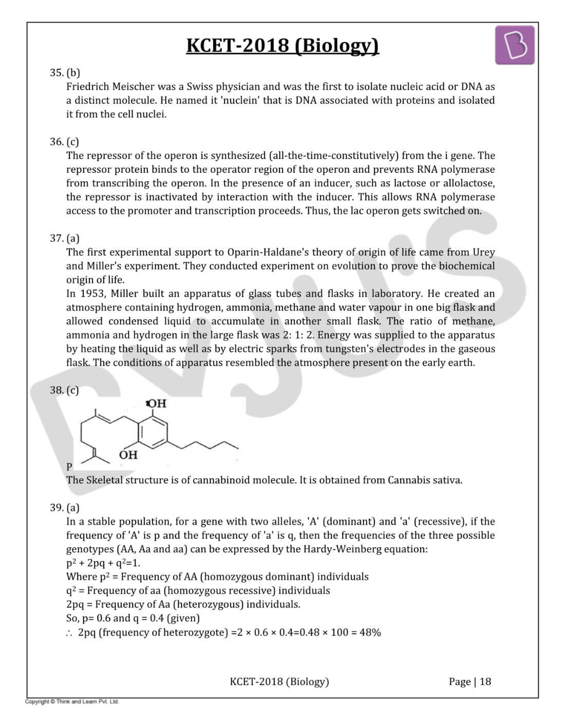 KCET 2018 Biology Question Paper with Solutions
