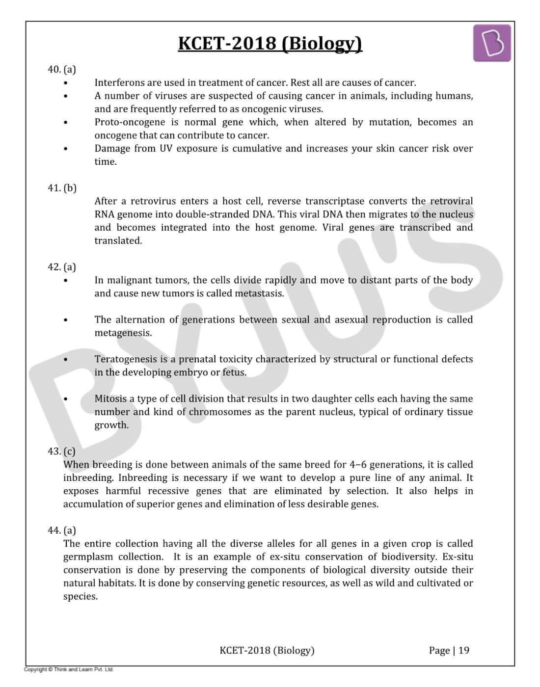KCET 2018 Biology Question Paper with Solutions