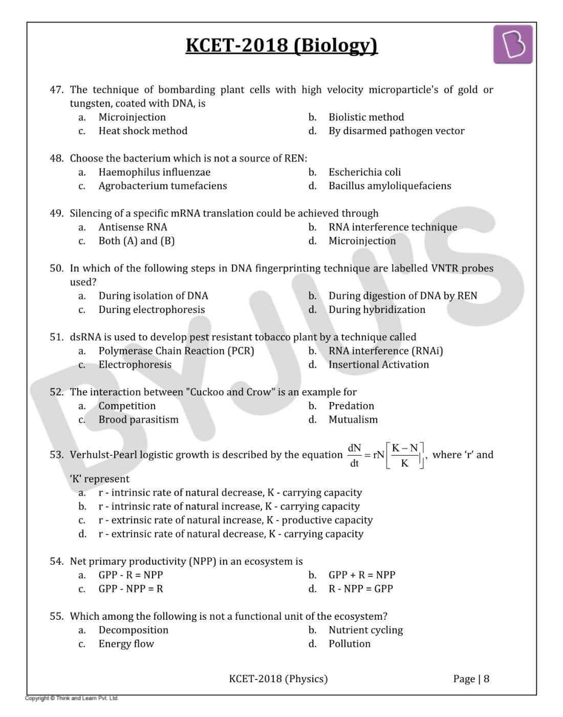 KCET 2018 Biology Question Paper with Solutions