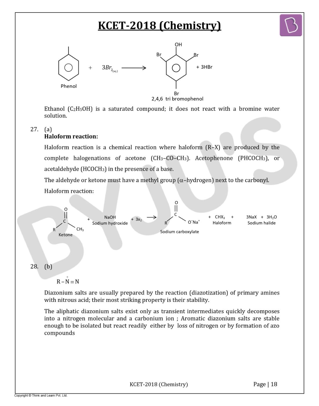 KCET 2018 Chemistry Question Paper with Solutions